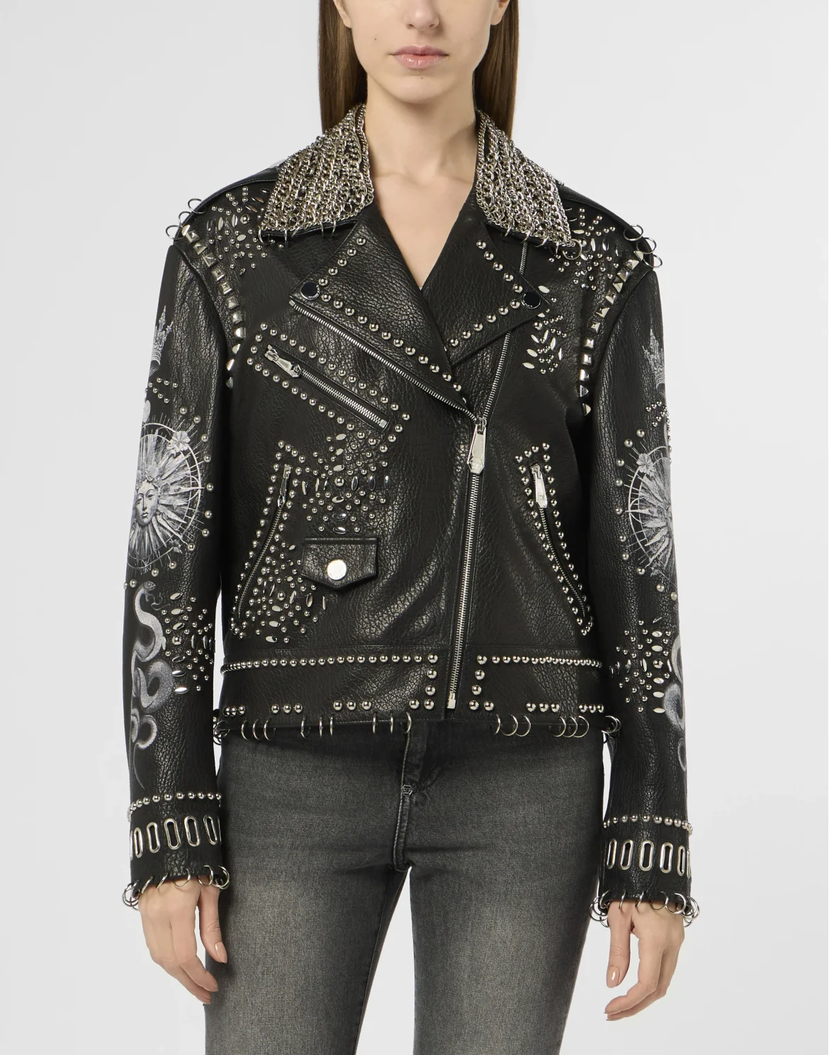 Oversized Biker Jacket Studs Butterfly Tattoo, цвет: Черный
