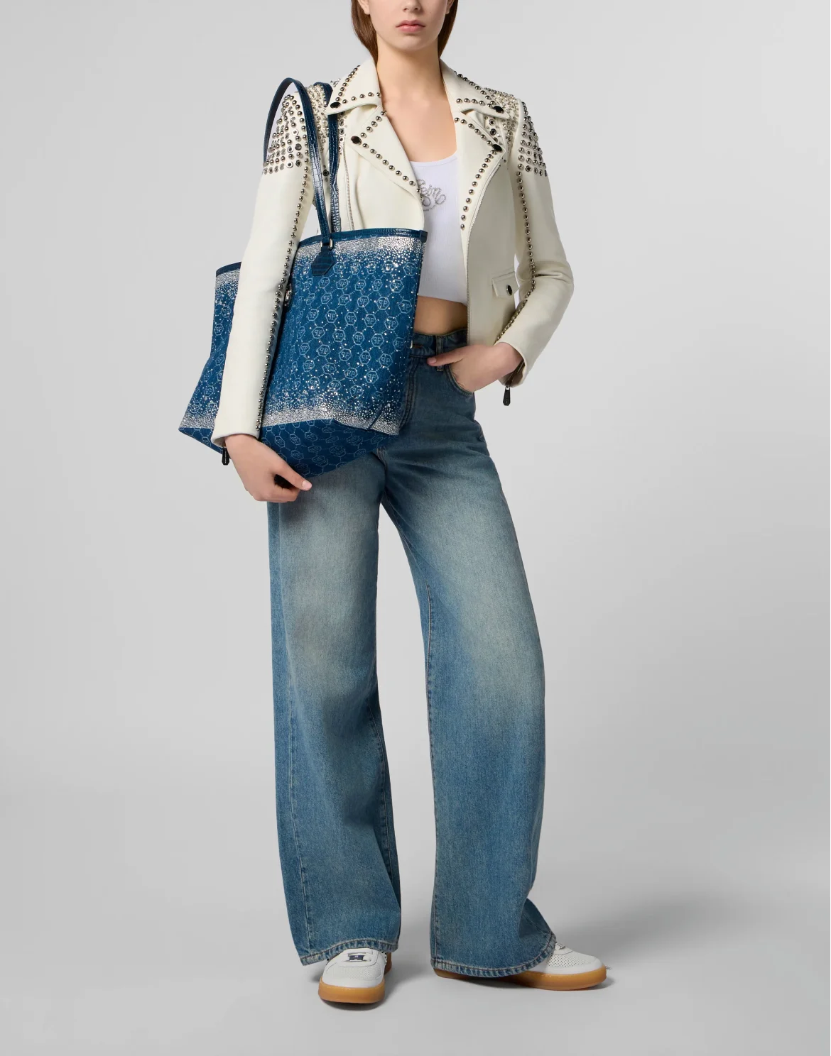 Boxy Fit Biker Jacket Studs & Strass, цвет: Бежевый