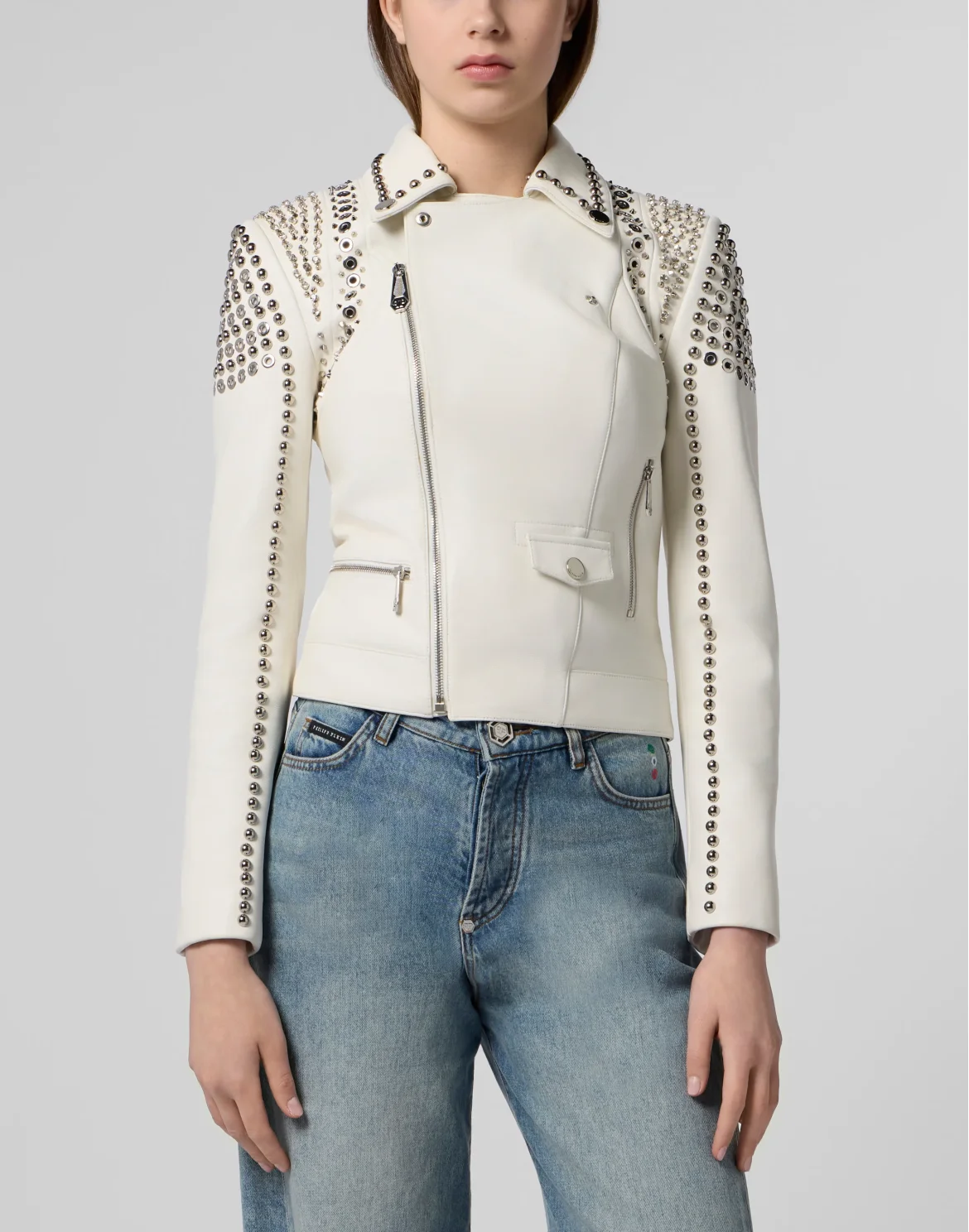 Boxy Fit Biker Jacket Studs & Strass, цвет: Бежевый