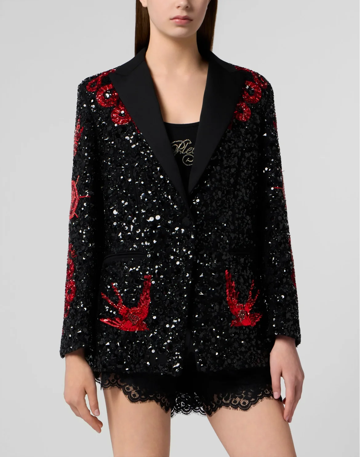 Boyfriend's Fit Blazer Butterfly Tattoo Paillettes, цвет: Черный