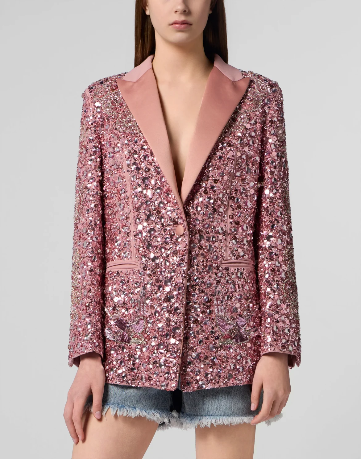 Boyfriend's Fit Blazer Butterfly Tattoo Paillettes, цвет: Розовый