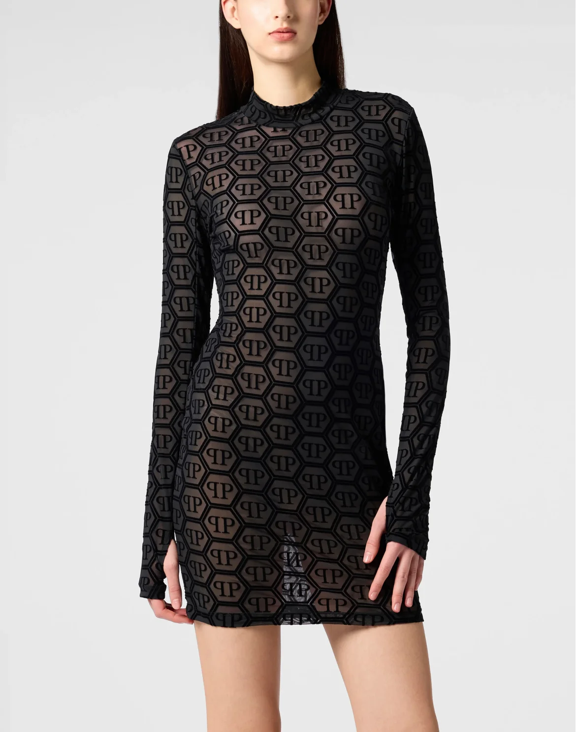 Tulle Long-Sleeved Mini Dress Monogram Jacquard, цвет: Черный