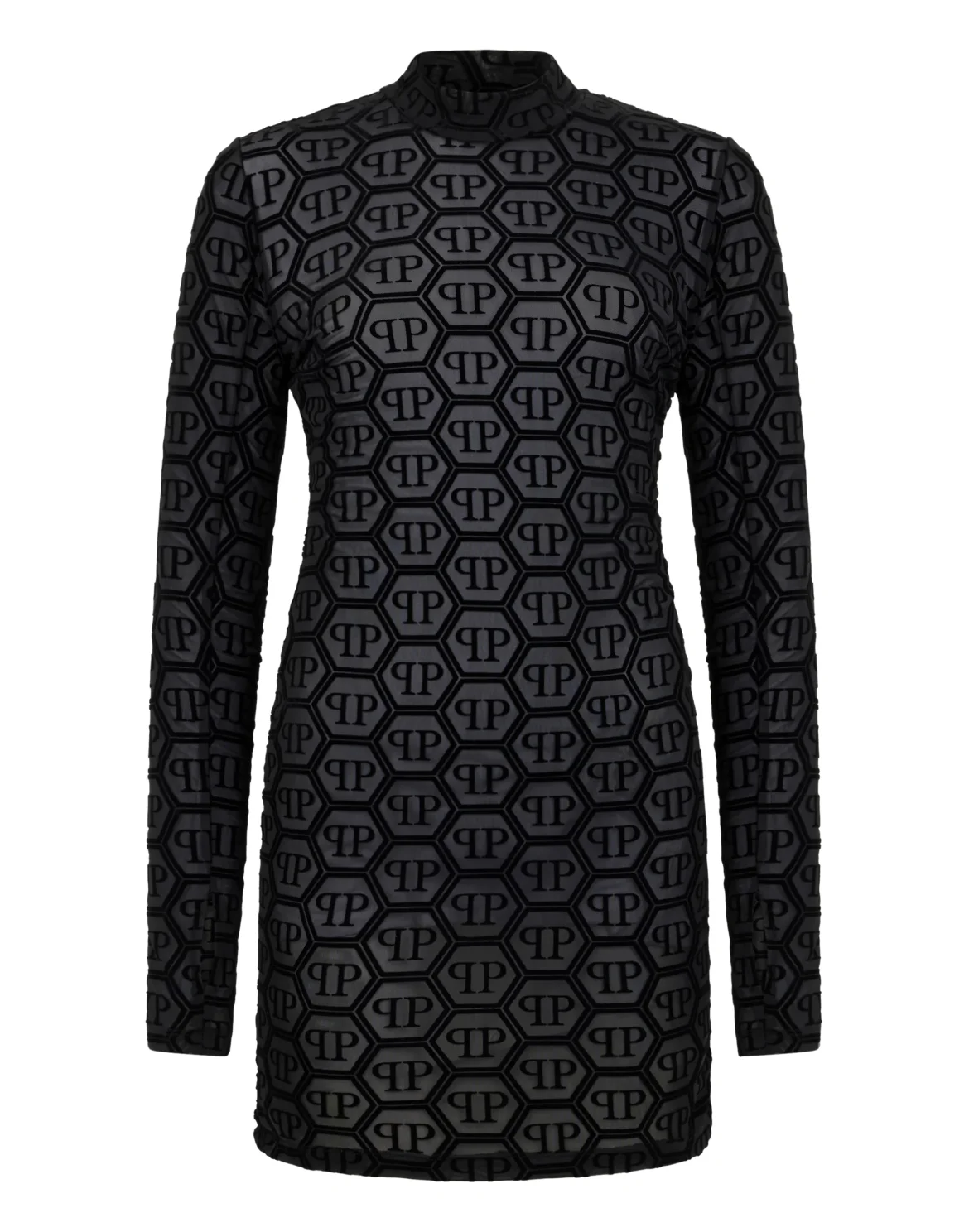 Tulle Long-Sleeved Mini Dress Monogram Jacquard, цвет: Черный