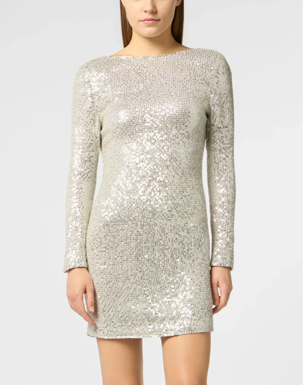 Open Back Mini Dress Paillettes Signature, цвет: Серебристый