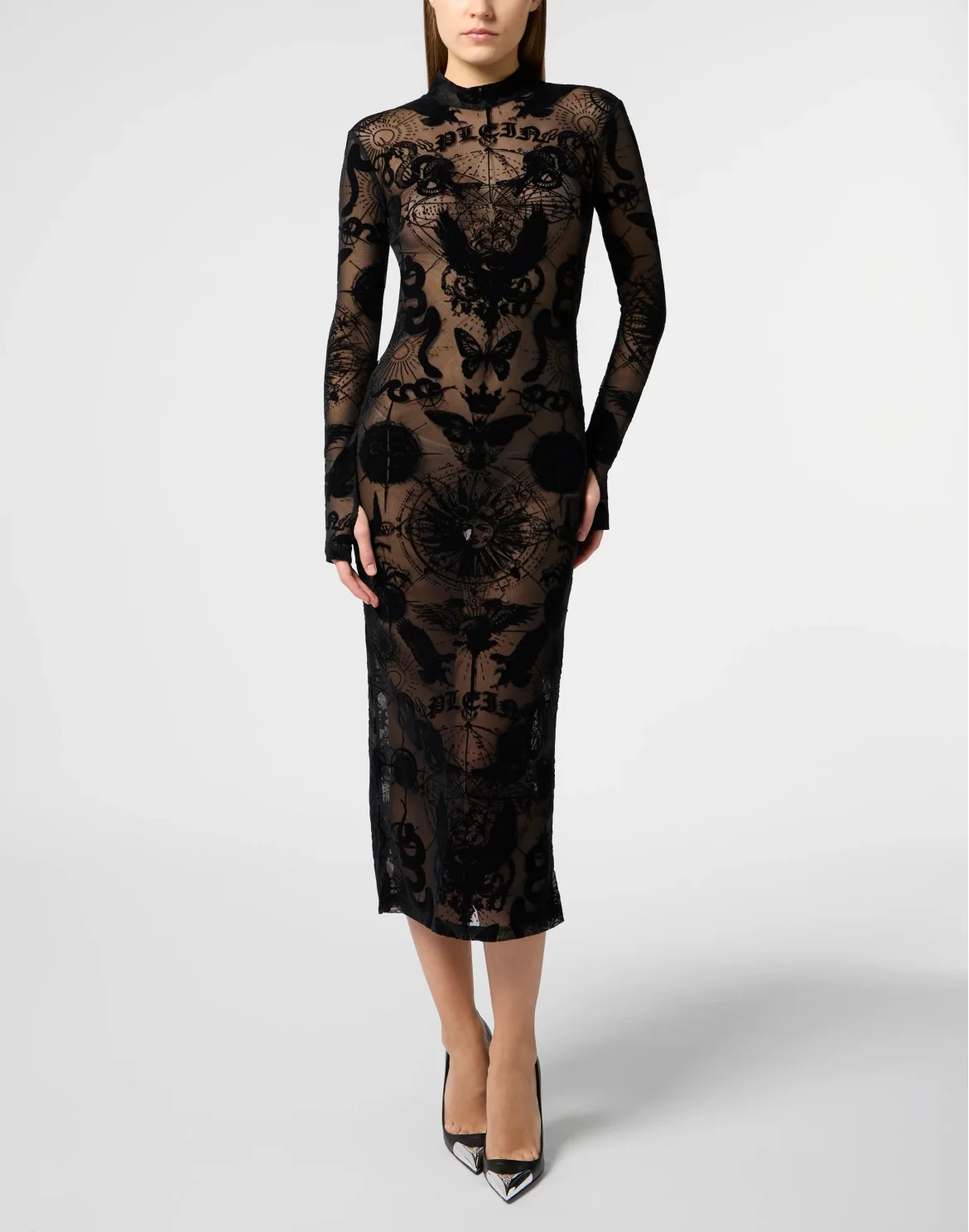 Open Back Maxi Dress Flock Butterfly Tattoo, цвет: Черный