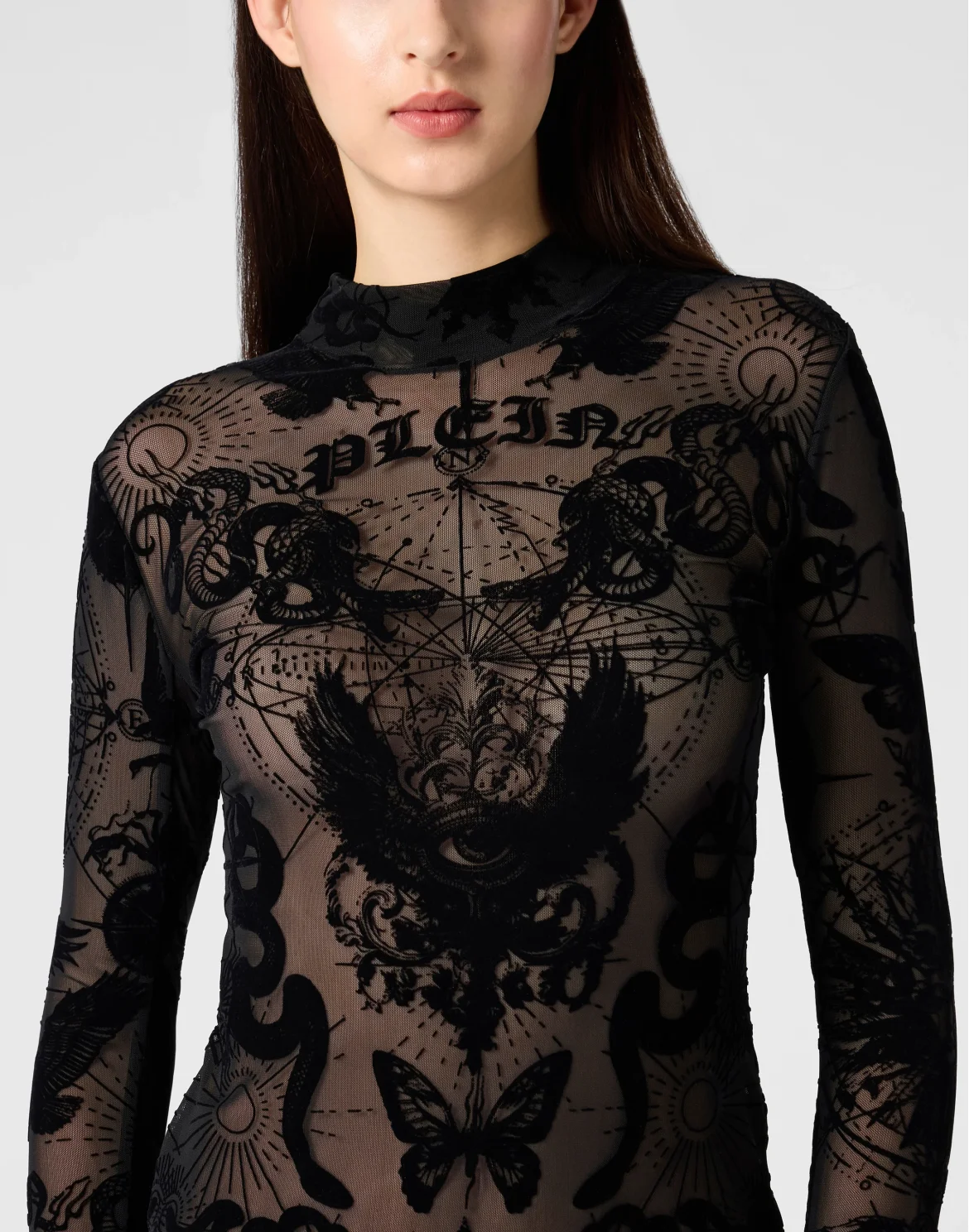Long Sleeve Mini Dress Flock Butterfly Tattoo, цвет: Черный