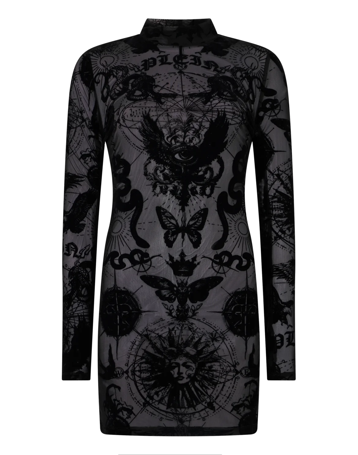 Long Sleeve Mini Dress Flock Butterfly Tattoo, цвет: Черный