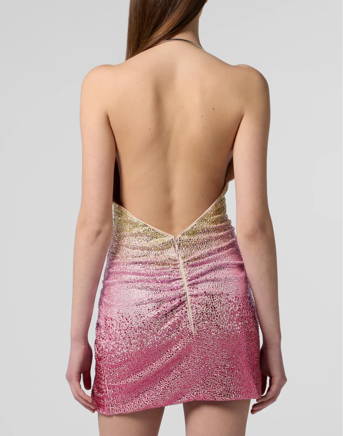 Open Back Mini Dress Piercing Strass, цвет: Бежевый