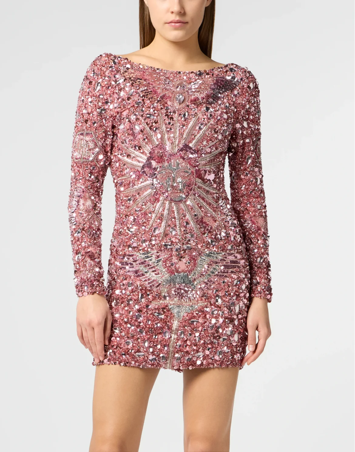 Open Back Mini Dress Tattoo Paillettes, цвет: Розовый