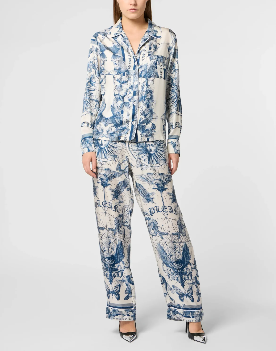 Silk Pajama Shirt Butterfly Tattoo, цвет: Голубой