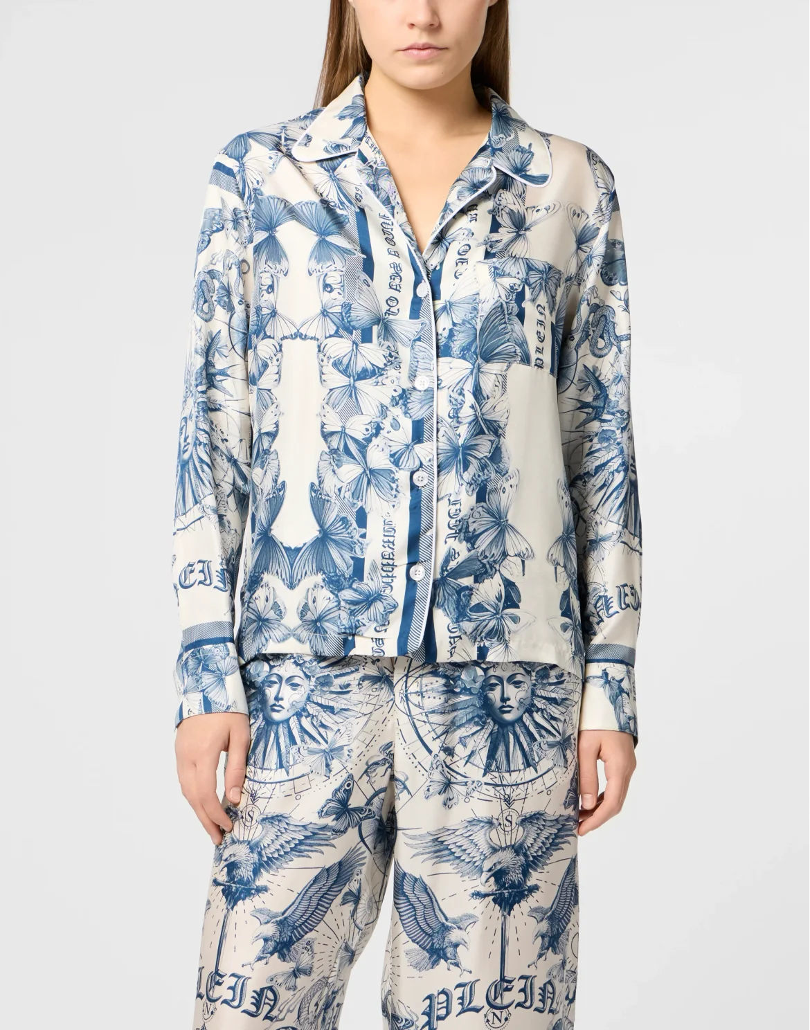 Silk Pajama Shirt Butterfly Tattoo, цвет: Голубой