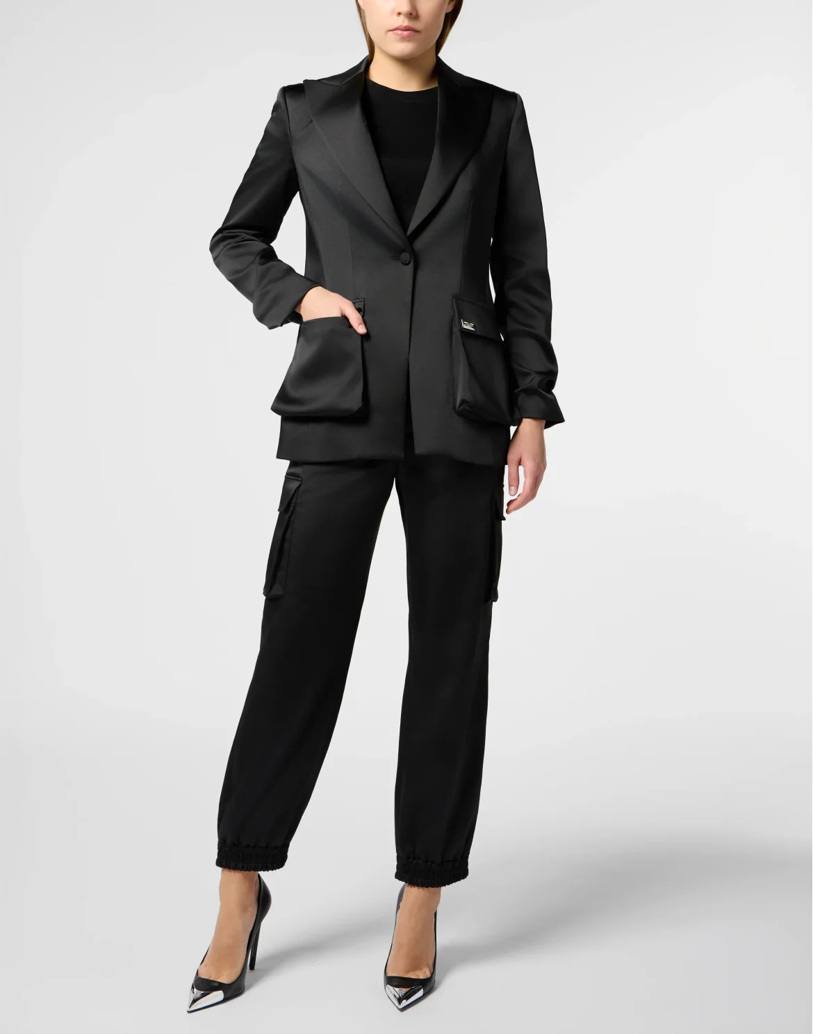 Satin Cargo Fit Drawstring Trousers, цвет: Черный