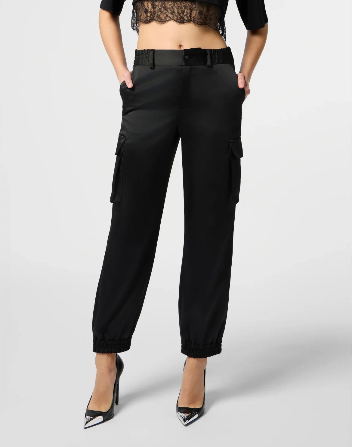 Satin Cargo Fit Drawstring Trousers, цвет: Черный