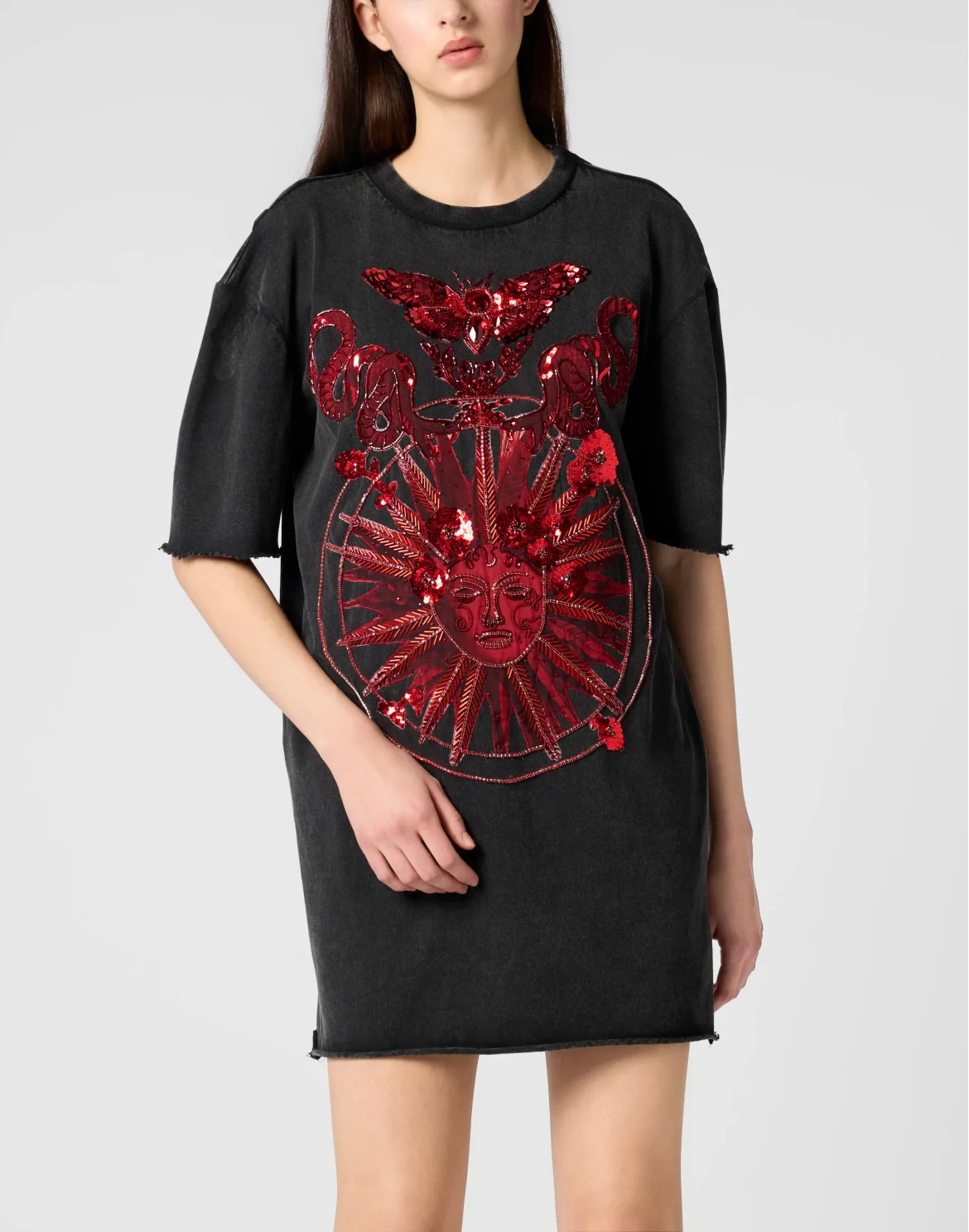 Open Back T-Shirt Dress Butterfly Tattoo, цвет: Черный