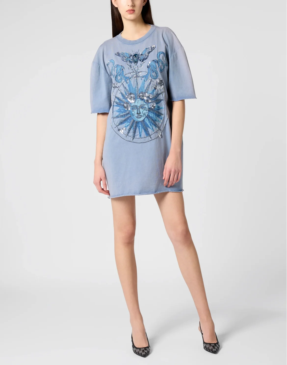 Open Back T-Shirt Dress Butterfly Tattoo, цвет: Голубой