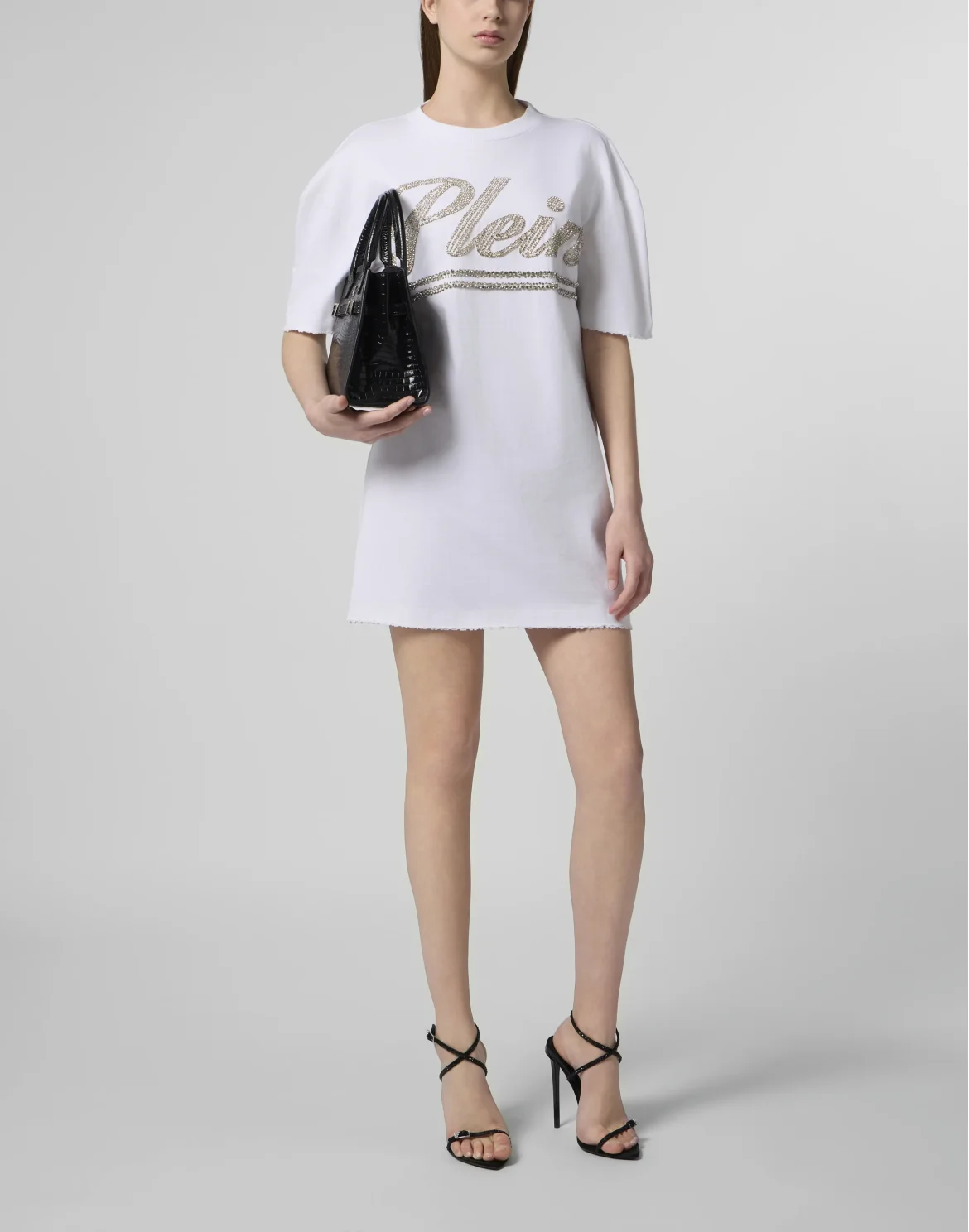 Open Back T-Shirt Dress Strass Signature, цвет: Белый
