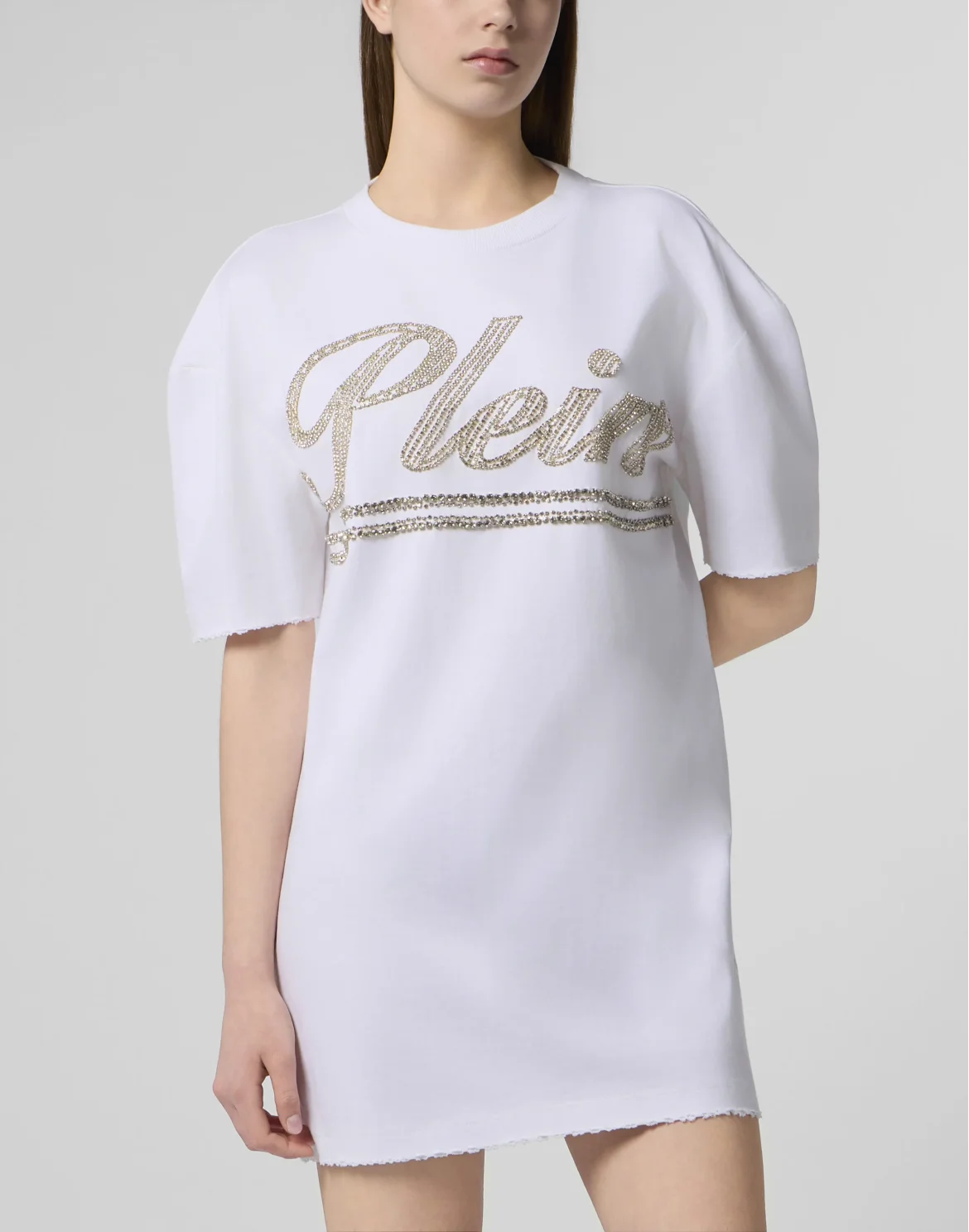 Open Back T-Shirt Dress Strass Signature, цвет: Белый