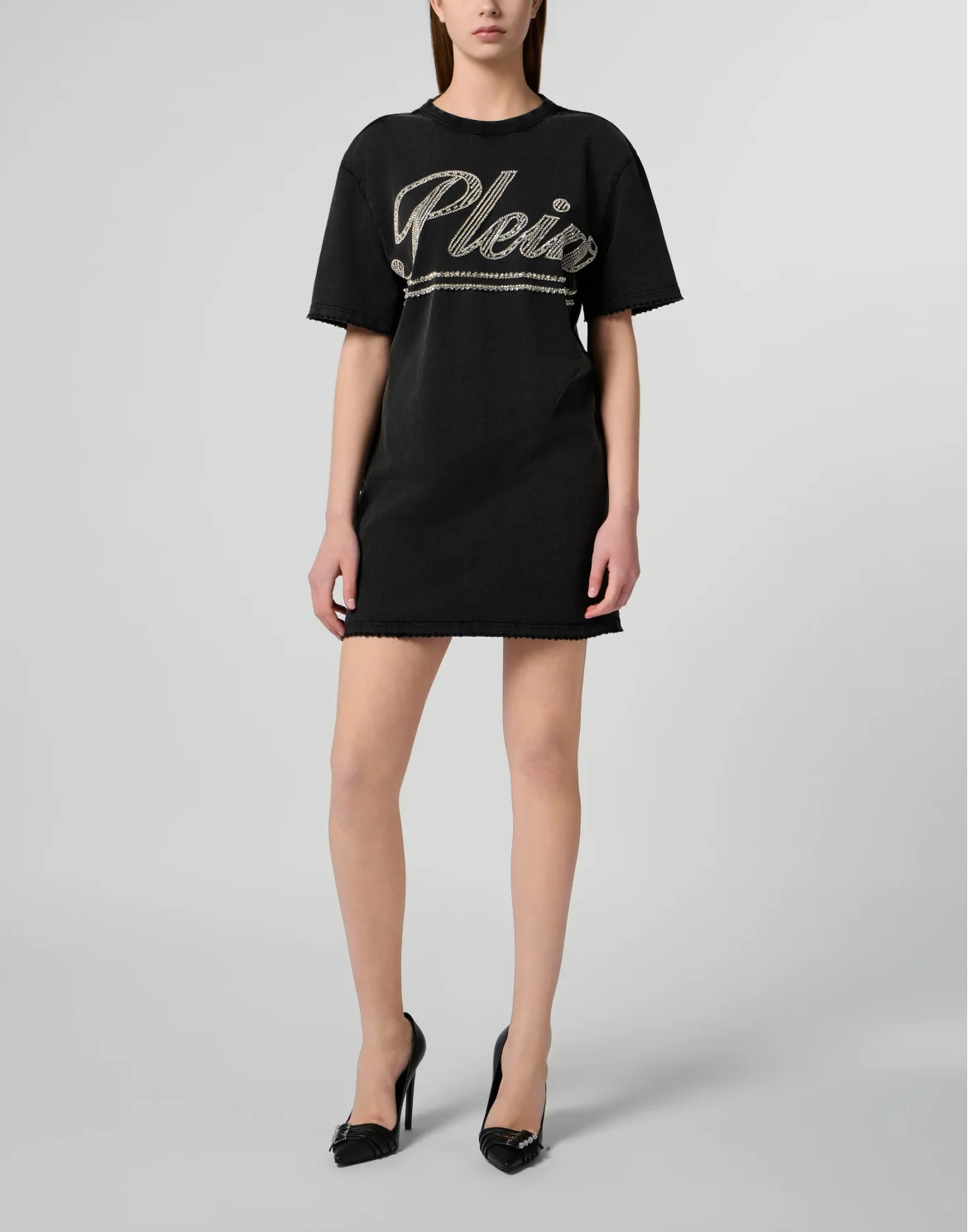 Open Back T-Shirt Dress Strass Signature, цвет: Черный