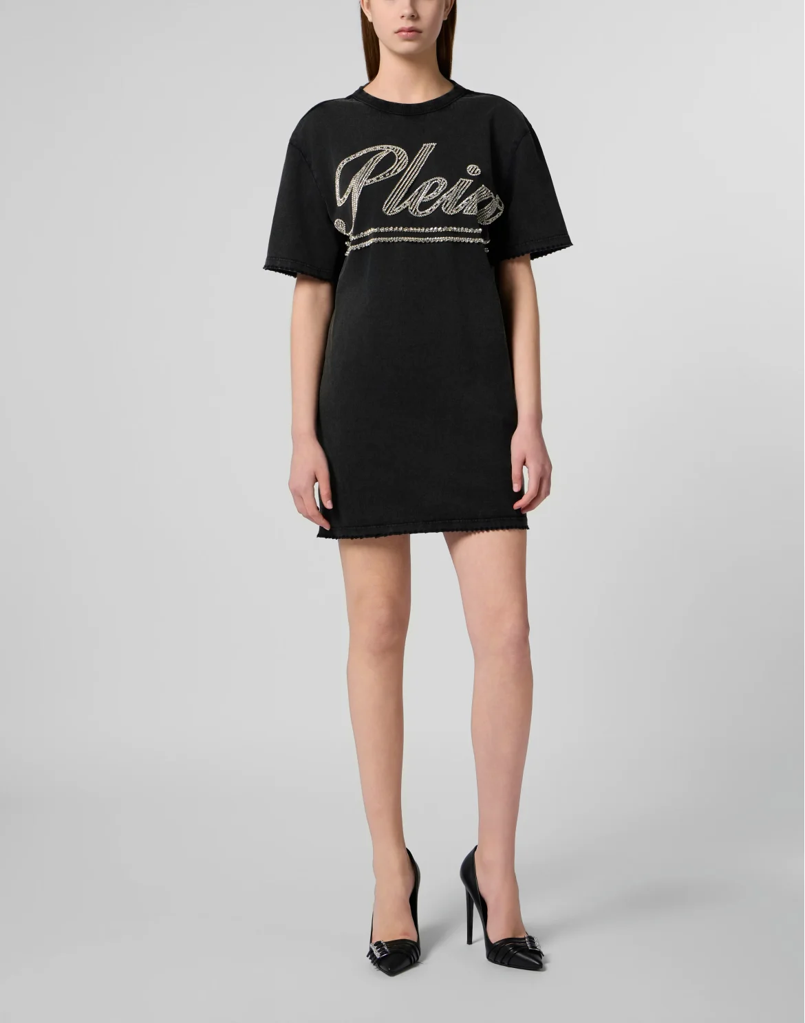 Open Back T-Shirt Dress Strass Signature, цвет: Черный