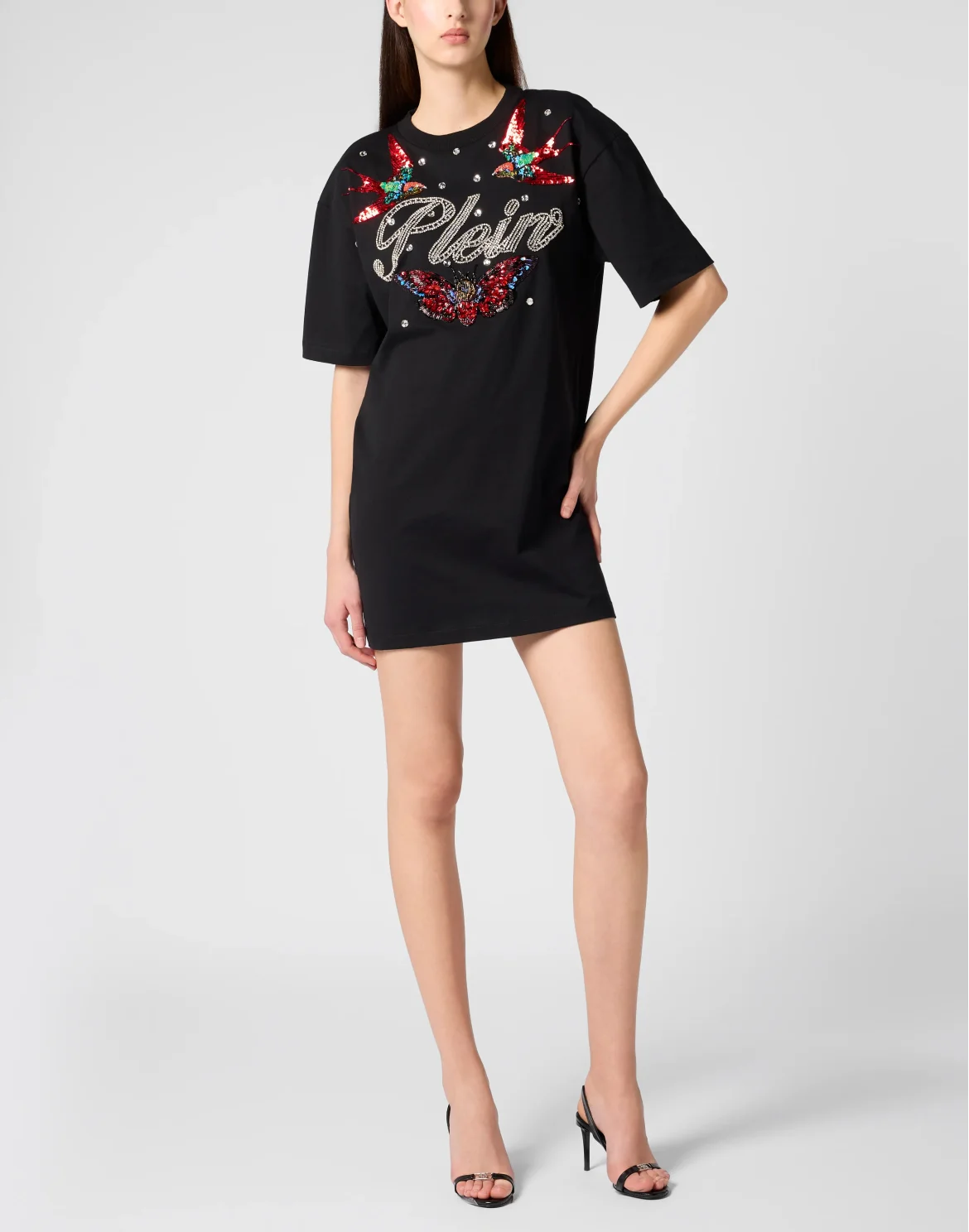 Open Back T-Shirt Dress Tattoo Strass, цвет: Черный