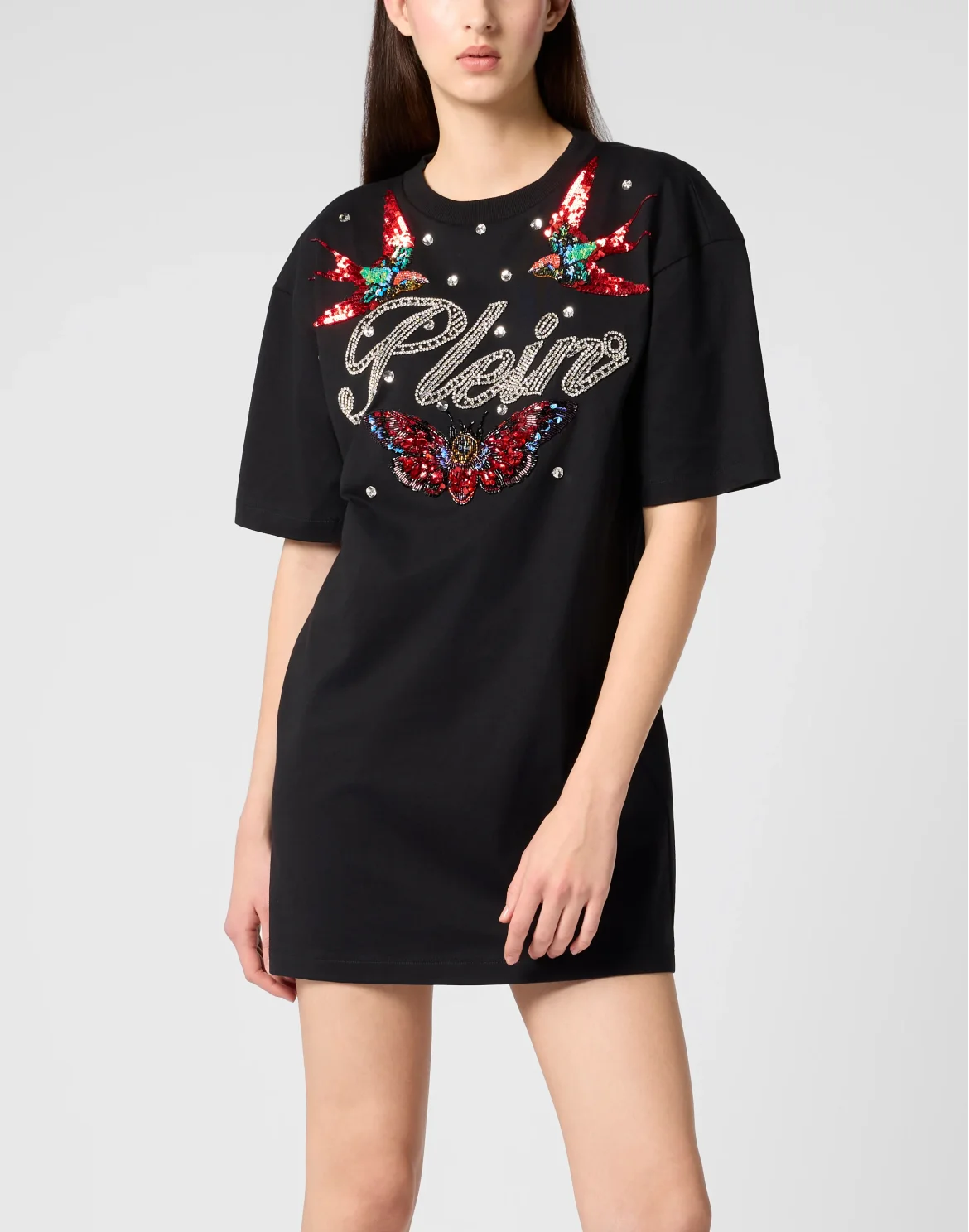 Open Back T-Shirt Dress Tattoo Strass, цвет: Черный