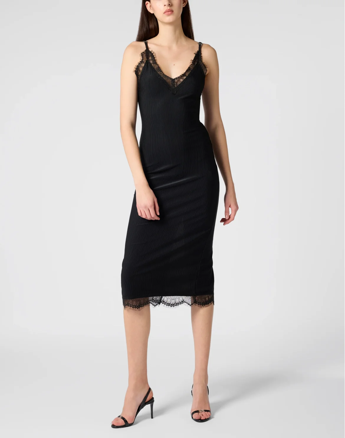 Shiny Rib Maxi Tank Dress Lace, цвет: Черный