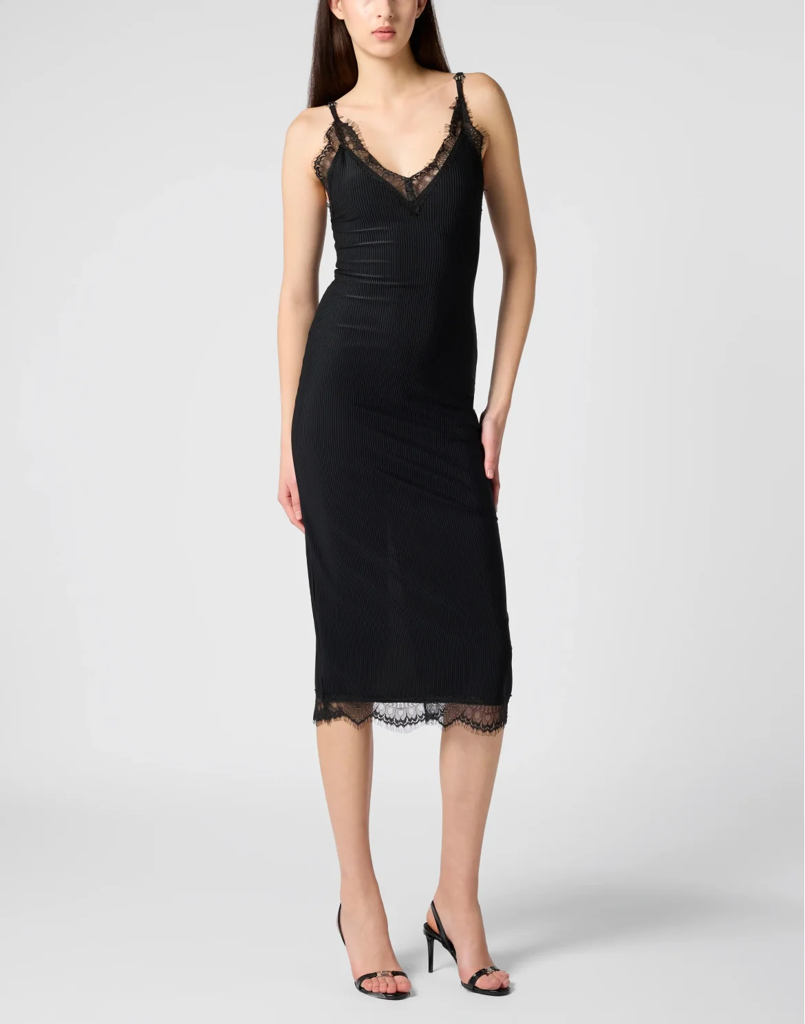 Shiny Rib Maxi Tank Dress Lace, цвет: Черный