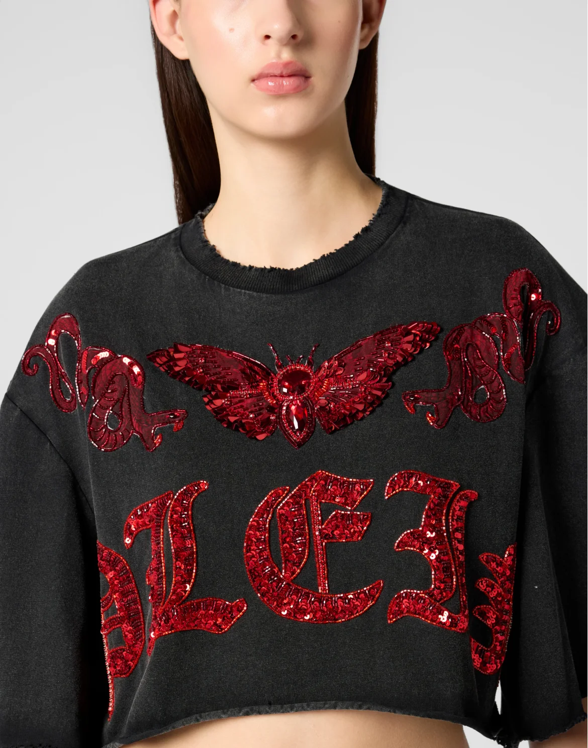 Cropped T-Shirt Butterfly Tattoo, цвет: Черный