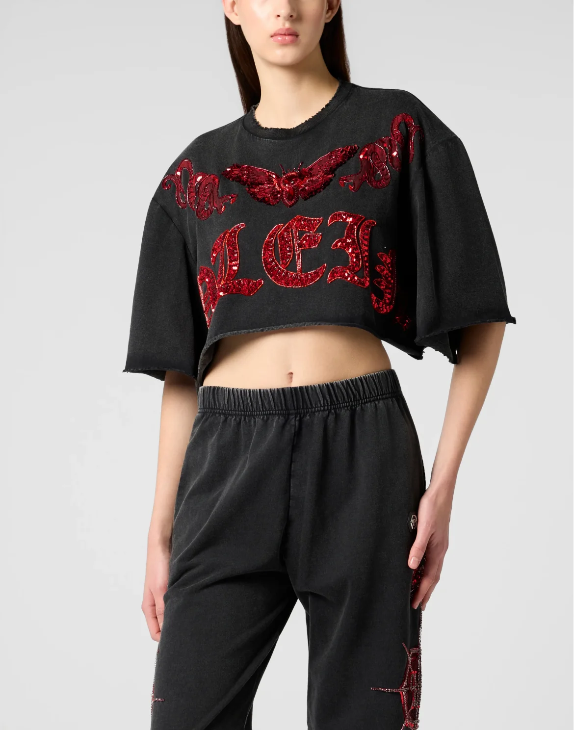 Cropped T-Shirt Butterfly Tattoo, цвет: Черный