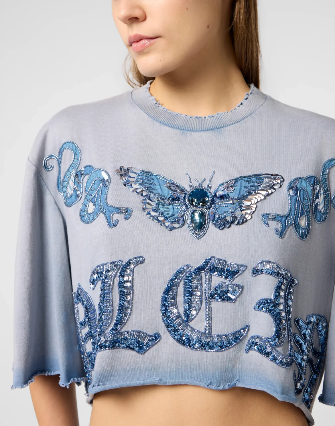 Cropped T-Shirt Butterfly Tattoo, цвет: Голубой