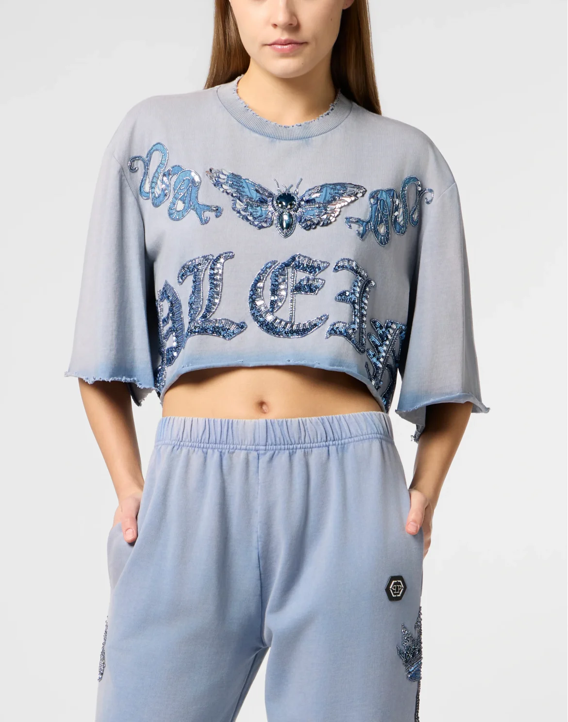 Cropped T-Shirt Butterfly Tattoo, цвет: Голубой