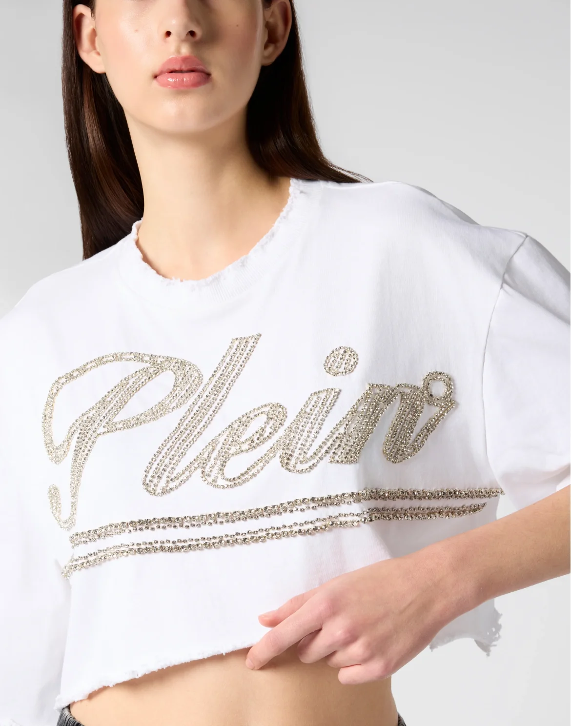 Cropped T-Shirt Strass Signature, цвет: Белый