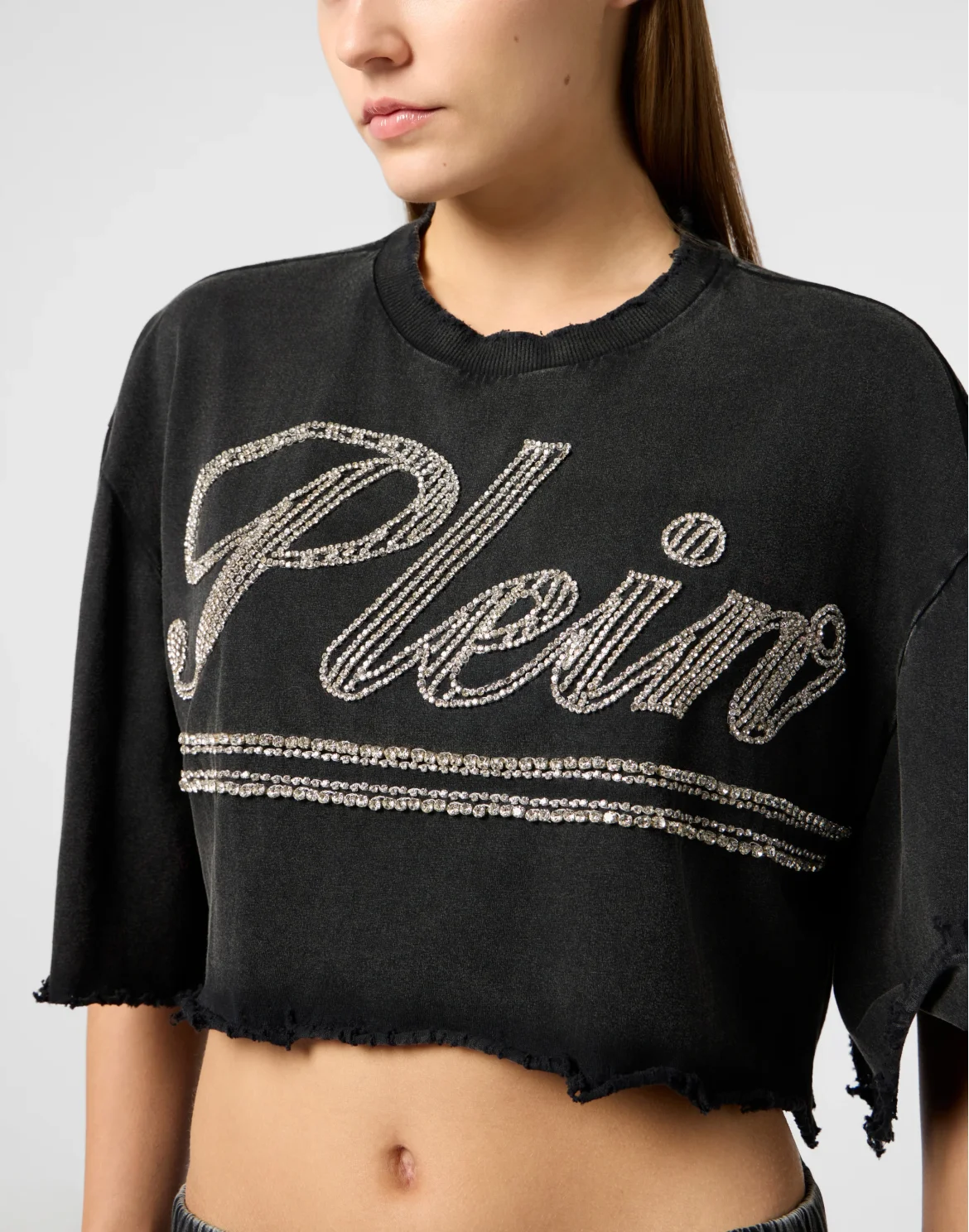 Cropped T-Shirt Strass Signature, цвет: Черный