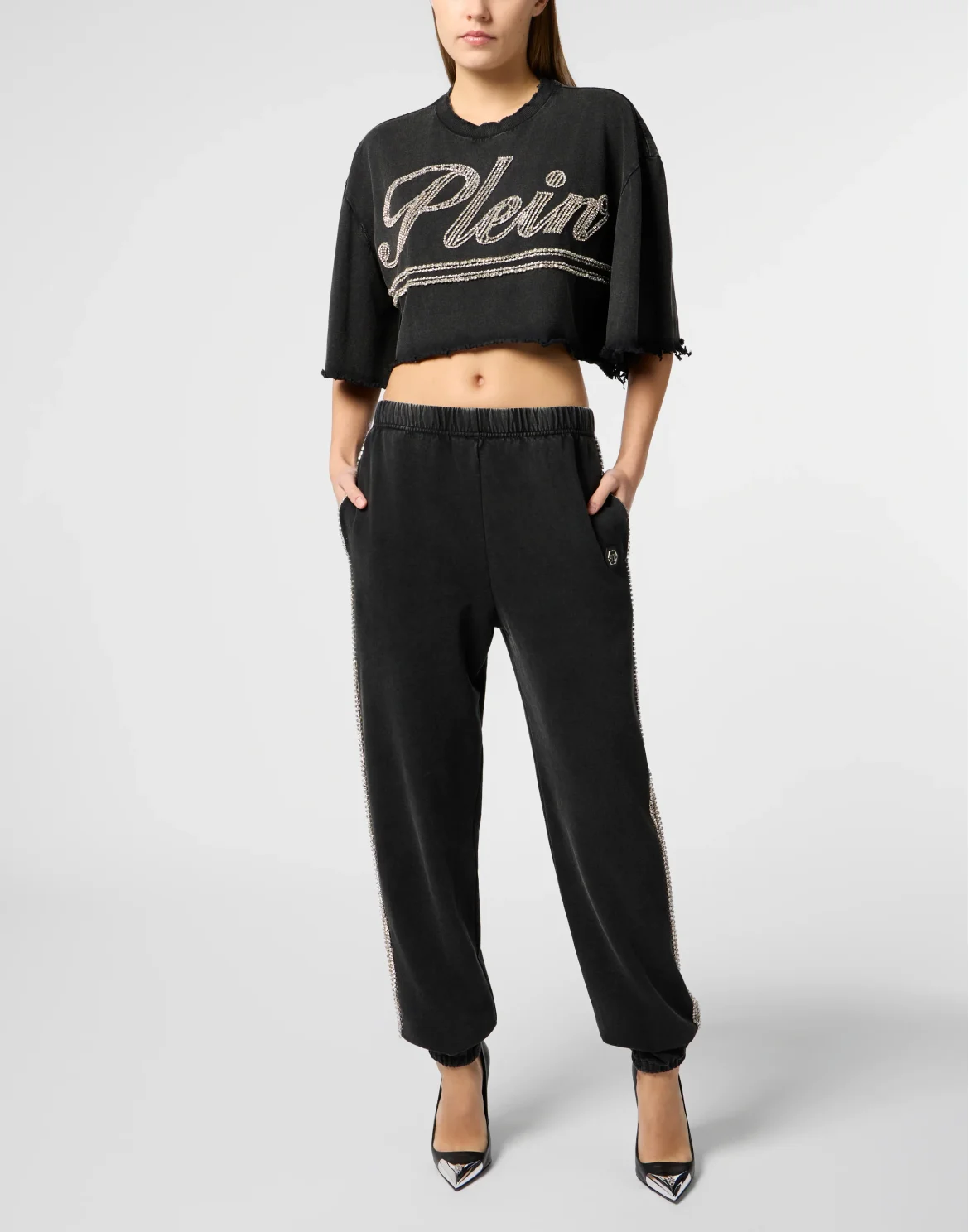 Cropped T-Shirt Strass Signature, цвет: Черный