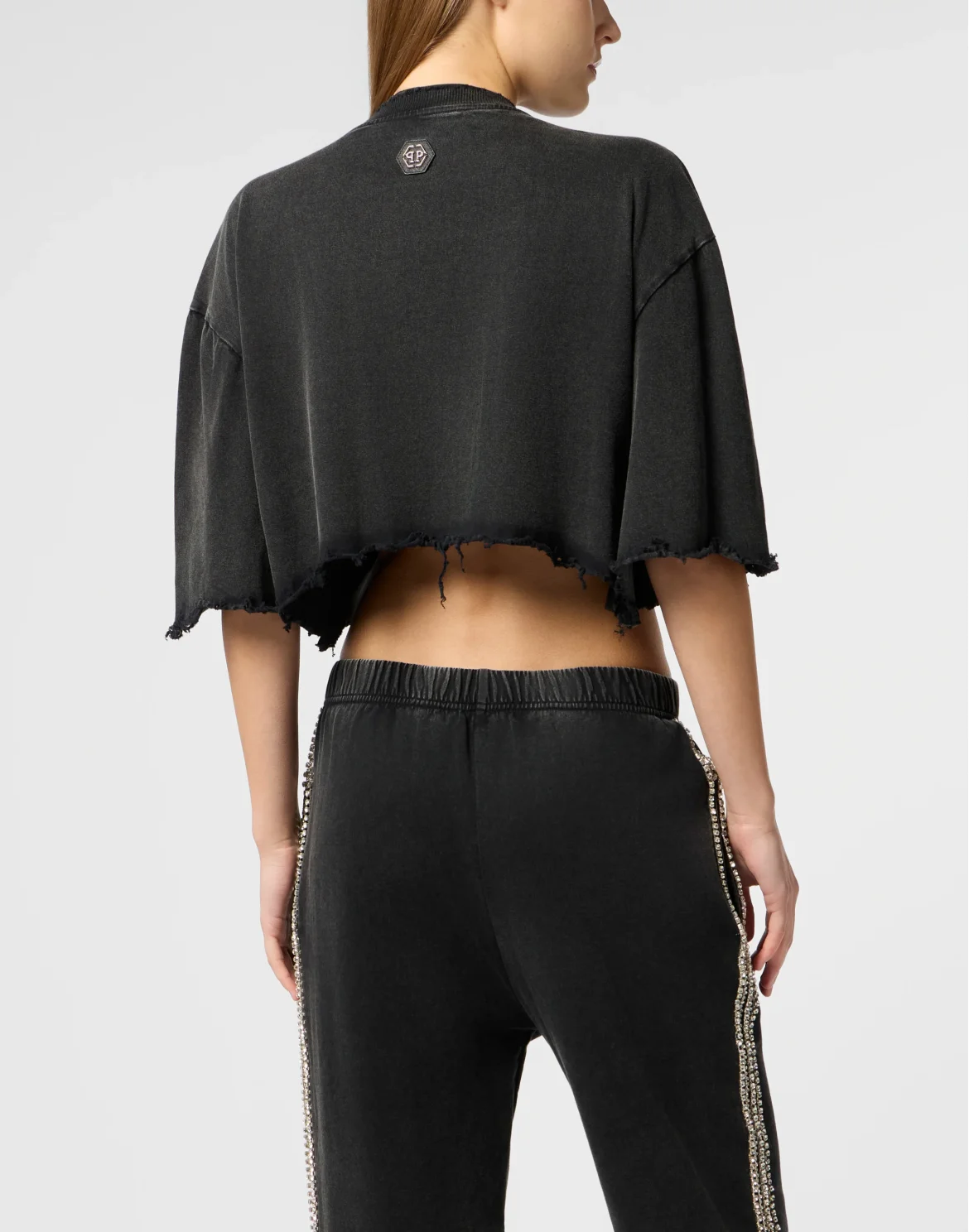 Cropped T-Shirt Strass Signature, цвет: Черный