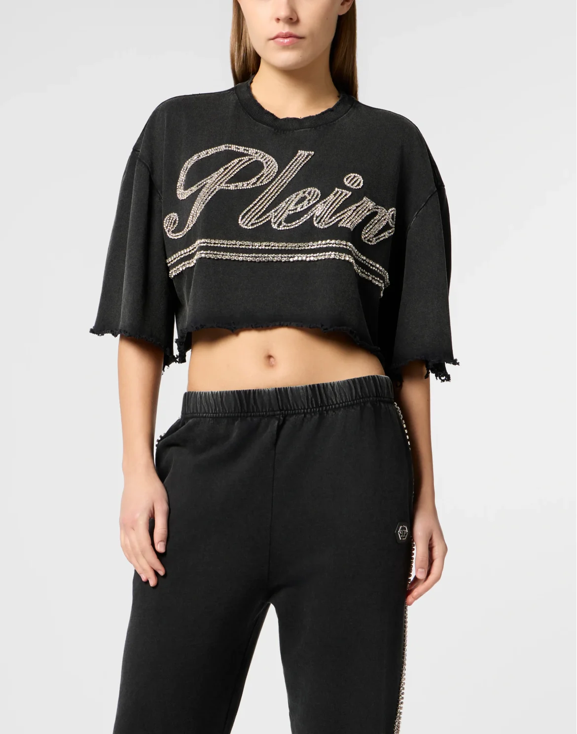Cropped T-Shirt Strass Signature, цвет: Черный