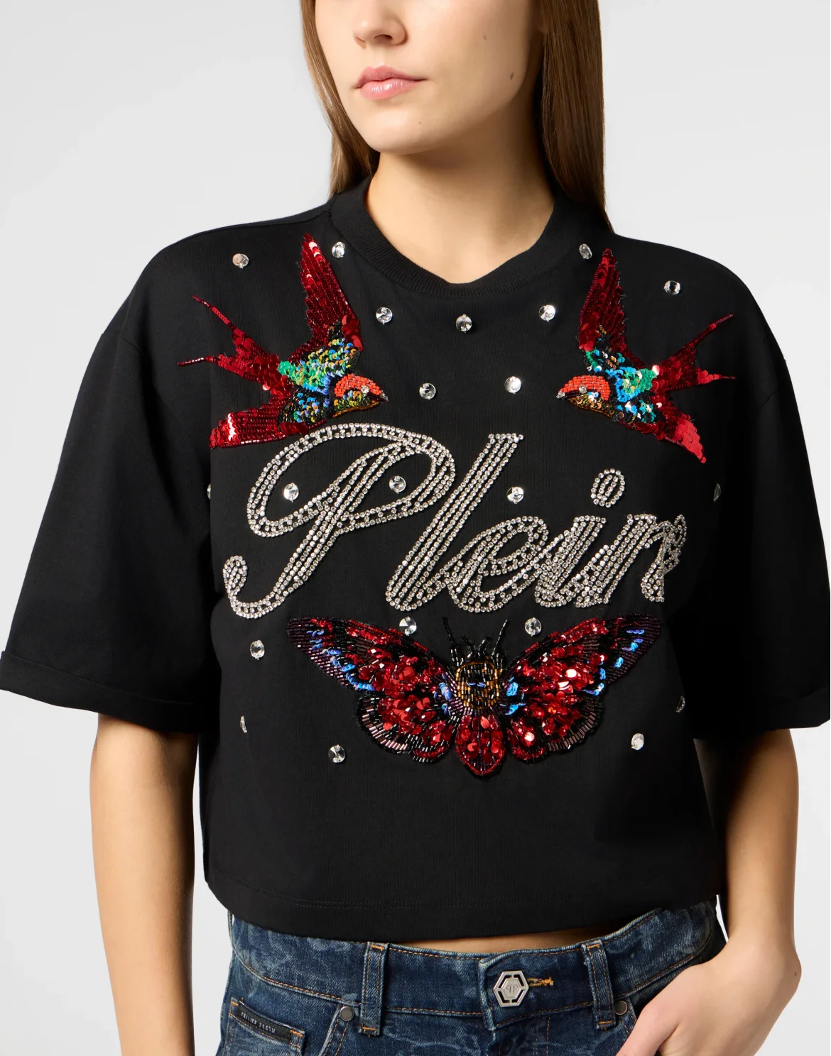 Cropped T-Shirt Tattoo Strass, цвет: Черный