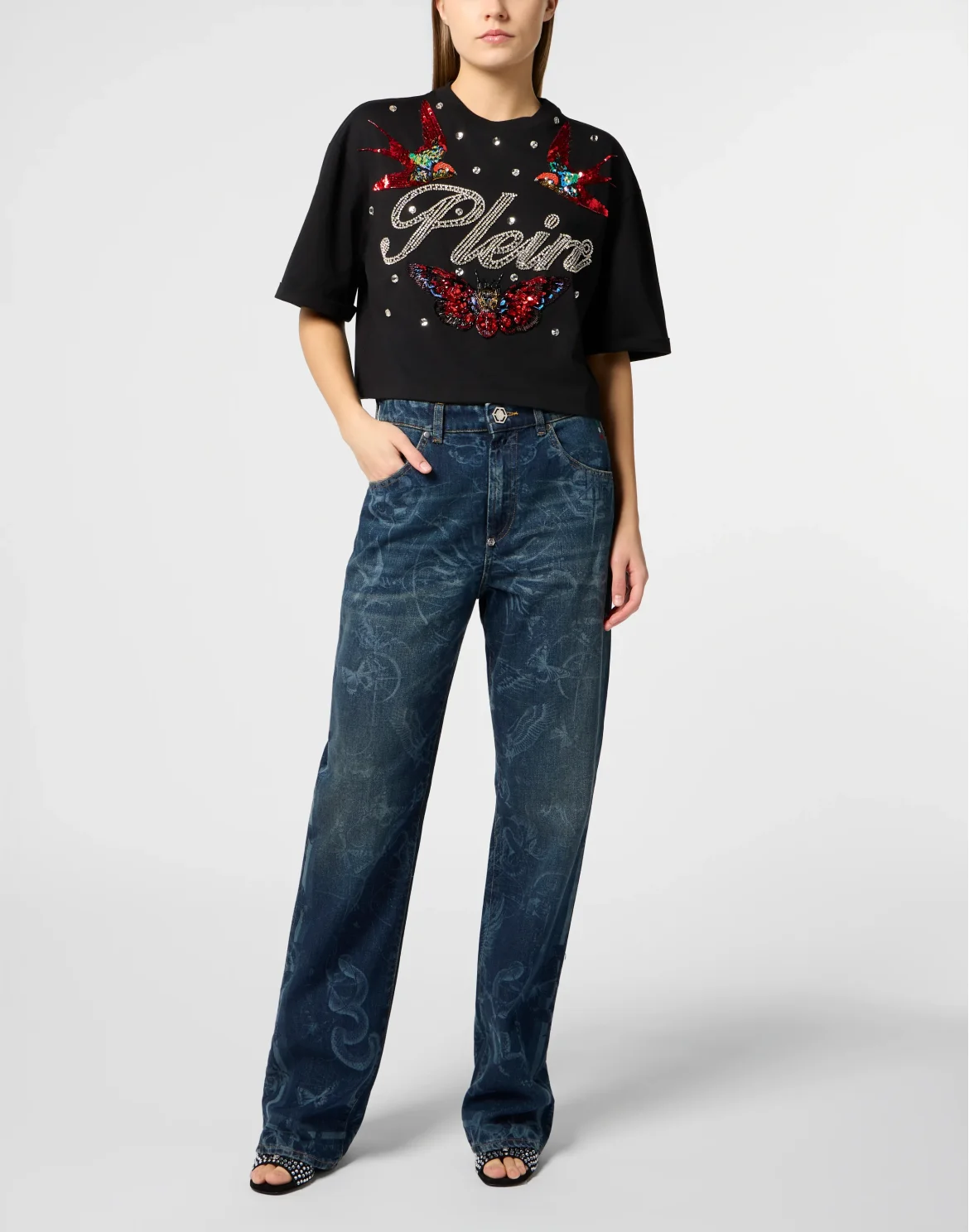 Cropped T-Shirt Tattoo Strass, цвет: Черный