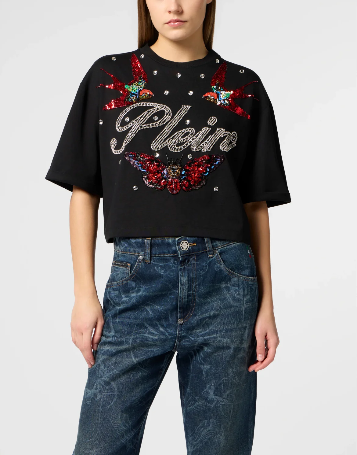 Cropped T-Shirt Tattoo Strass, цвет: Черный