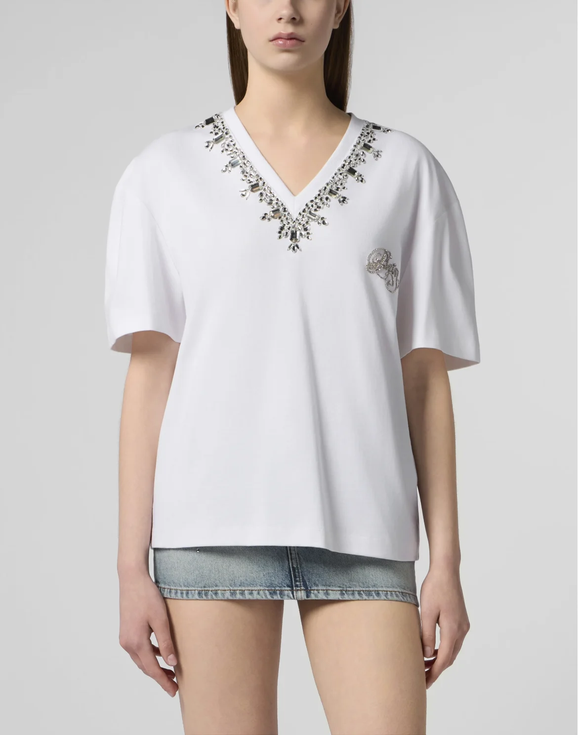 Man Fit V-Neck T-Shirt Crystals, цвет: Белый