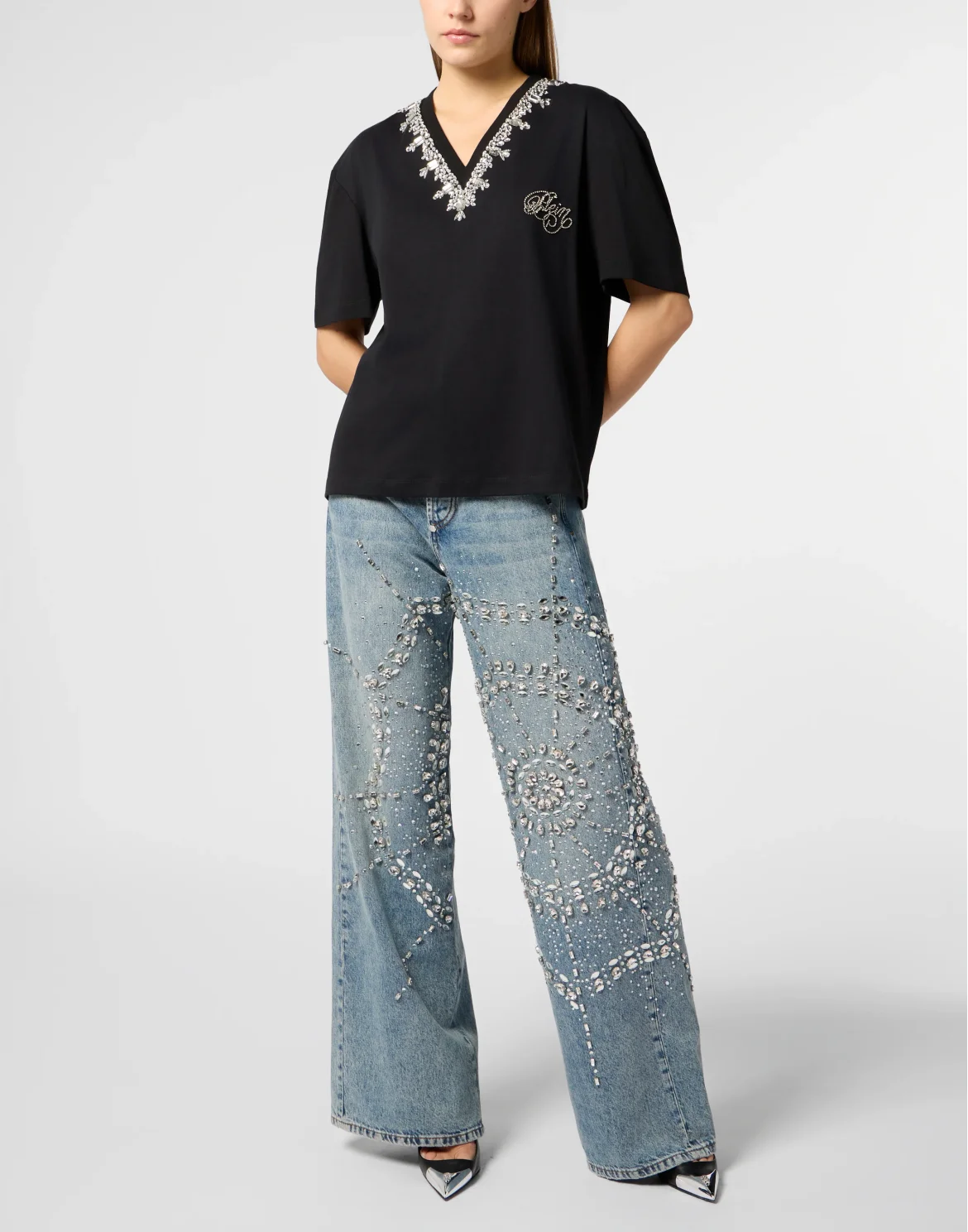 Man Fit V-Neck T-Shirt Crystals, цвет: Черный