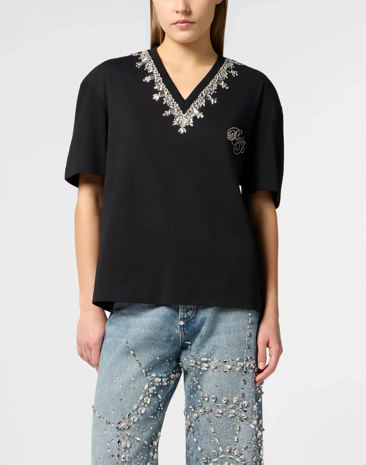 Man Fit V-Neck T-Shirt Crystals, цвет: Черный