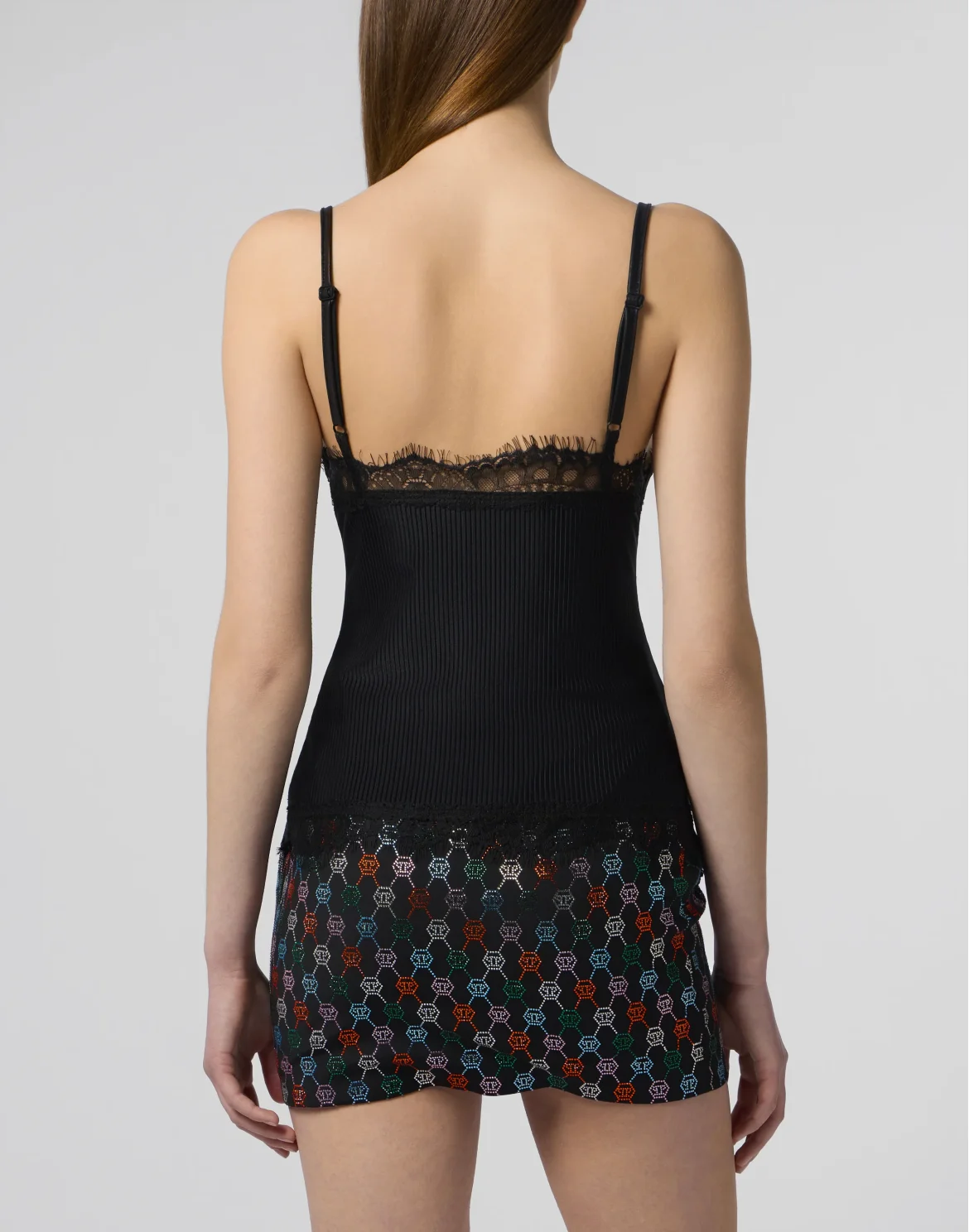 Shiny Rib Tank Top Lace, цвет: Черный