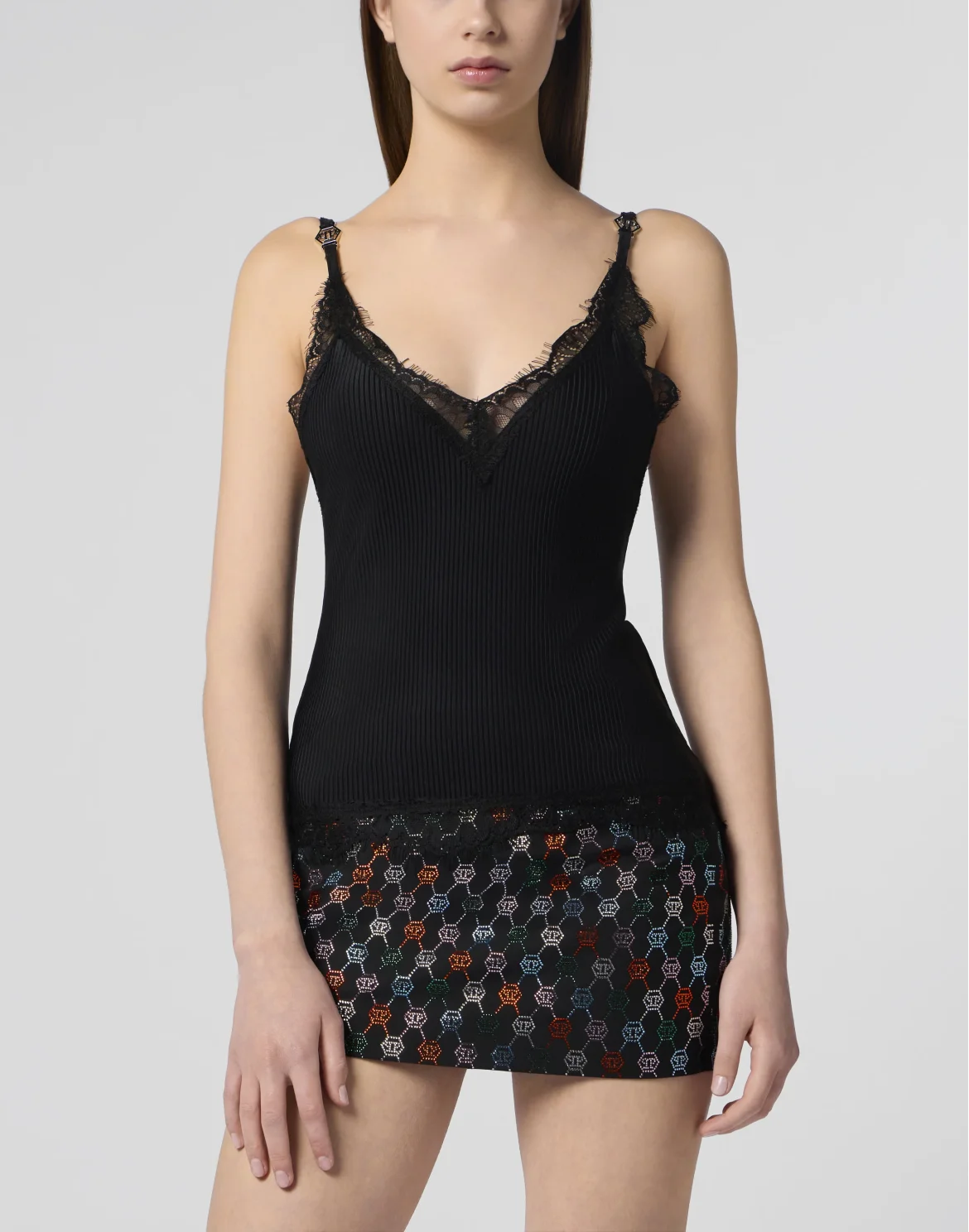 Shiny Rib Tank Top Lace, цвет: Черный