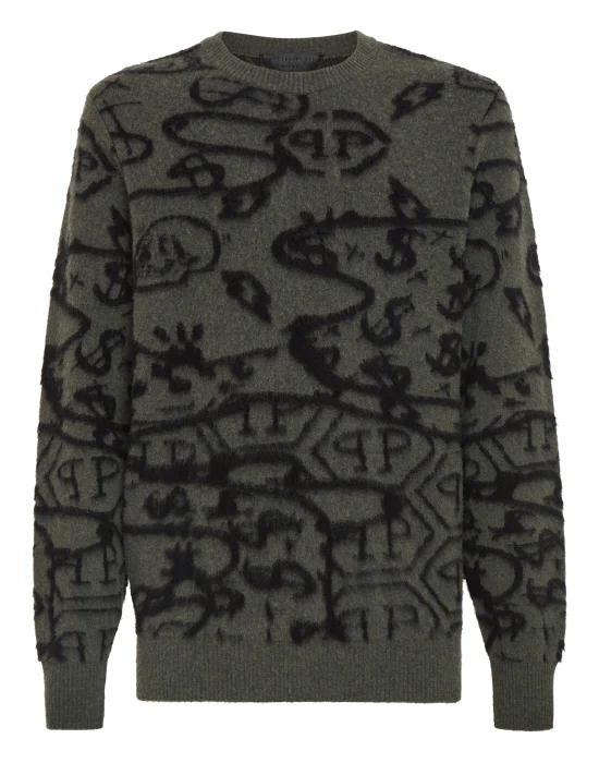 Merino wool Pullover Round Neck LS Jacquard All Over Hexagon