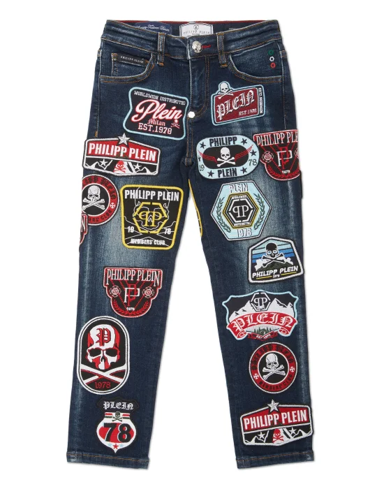 Denim Super Straight Cut Fit Trousers Viintage Effect Patches