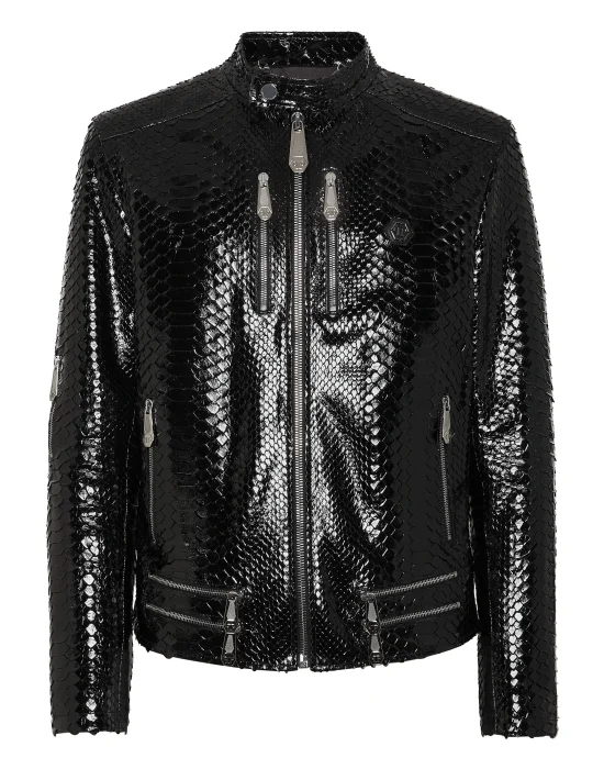 Python Zipped Leather Moto Jacket