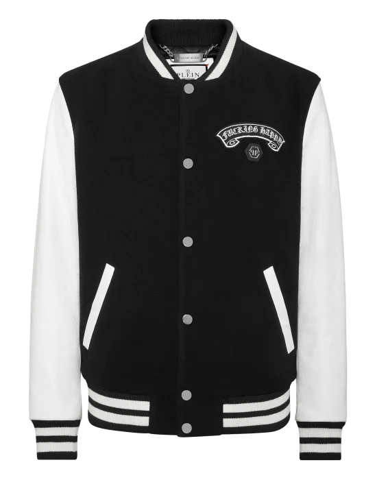 Wool College Bomber With Leather Sleeves Gothic Plein