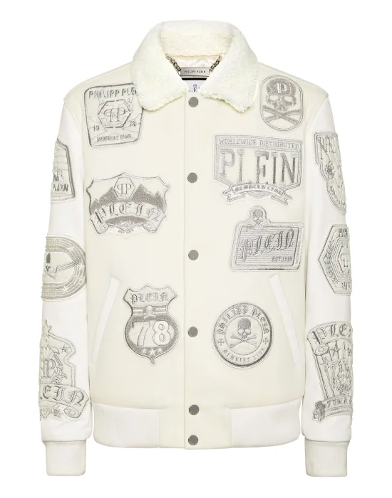 Shearling College Bomber With Leather Sleeves Patches