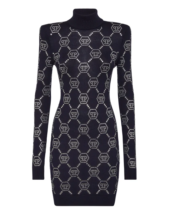 Knitted Strass Mini Dress With Padded Shoulders Monogram